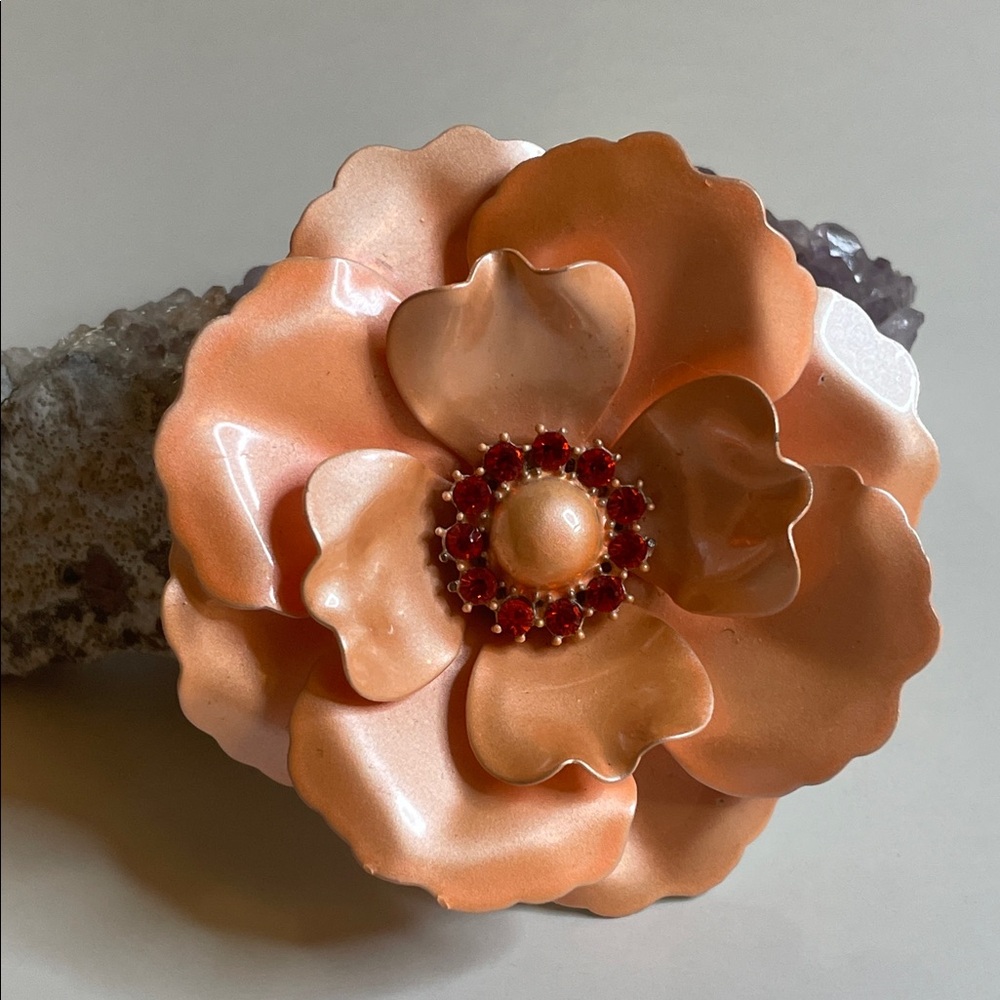 Vintage Peach Enamel Flower Brooch Pin with Rhinestone Center